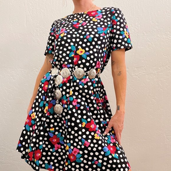 Vintage Black Funky Floral Dot Printed Short Sleeve Mini Dress - Picture 2 of 7